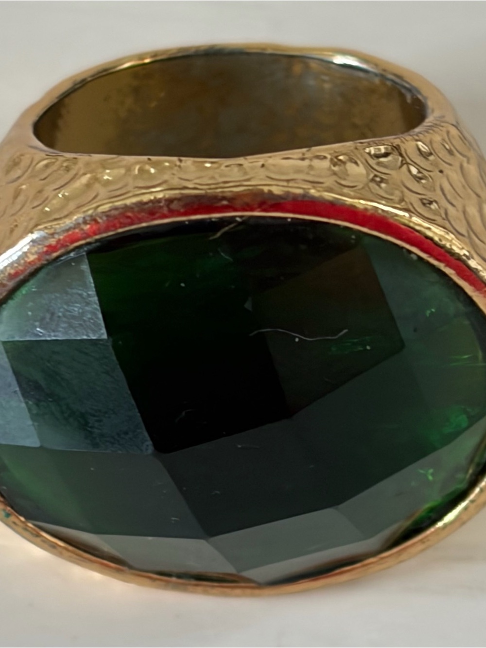 Gold-Tone Statement Ring with Large Emerald Green Faceted Stone